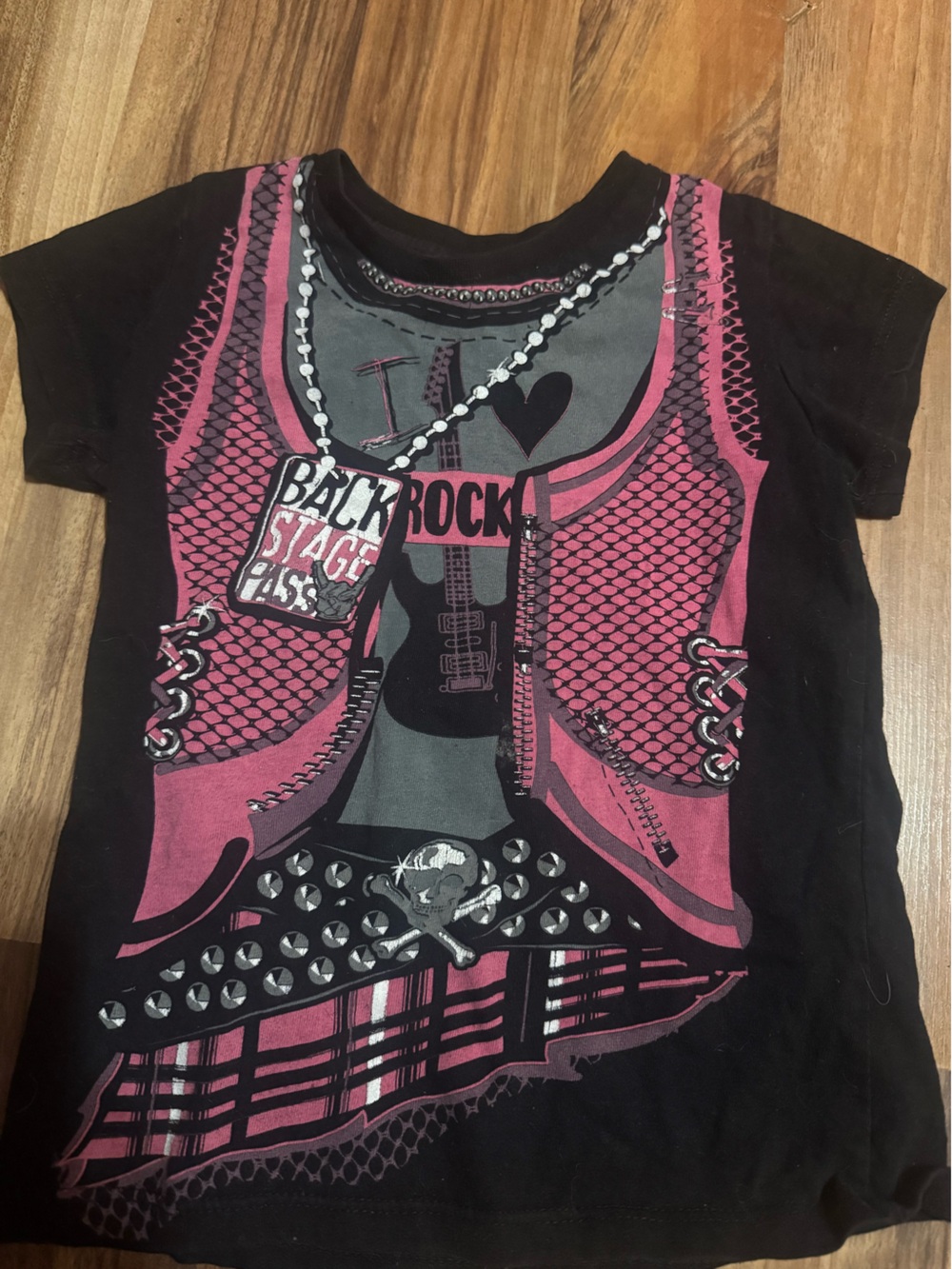 Kids Black Graphic Rock Punk Tee with Pink Accents